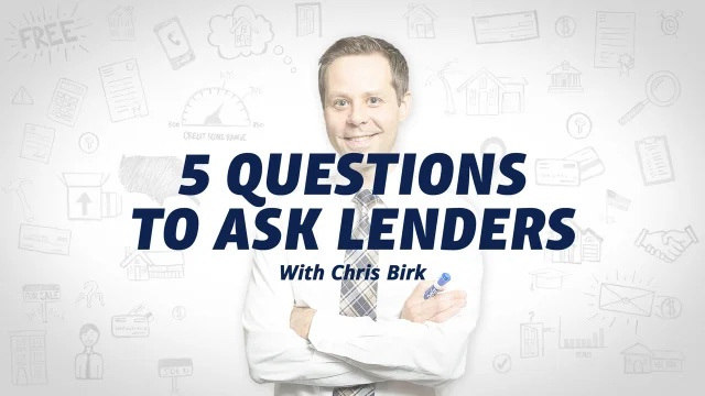 Smiling man in a white shirt and tie with text '5 Questions to Ask Lenders with Chris Birk' over a white background with financial icons.