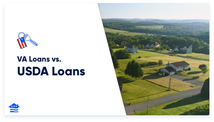 The image displays a banner with "VA Loans vs. USDA Loans" text and a key icon on the left, and on the right, an aerial shot of a rural residential area indicative of USDA loan coverage.