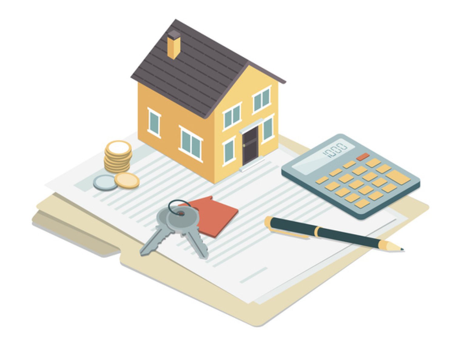 An illustration featuring a miniature house model on a document, with coins, keys, a calculator, and a pen.