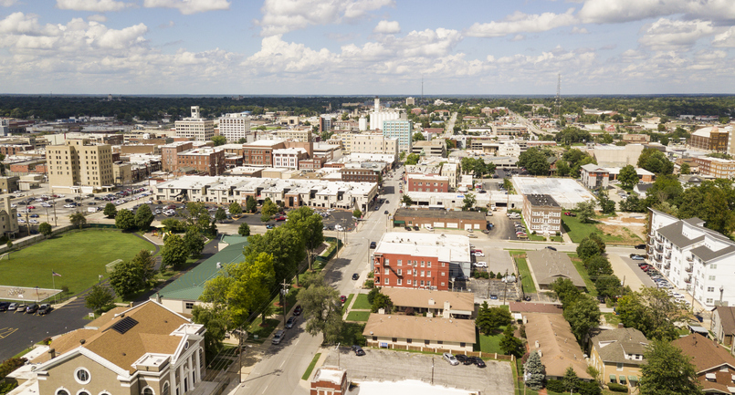 An aerial view of a historic Springfield, MO neighborhood during the day